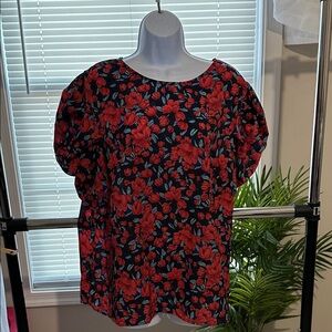 SHEIN Black Blouse with Red Floral Print. NWOT